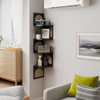 4-Tier Corner Shelves - Zig Zag Rattan Wall Shelf, Black Corner Shelf Wall Mounted, Floating Shelves for Bedroom, Bathroom & Living Room