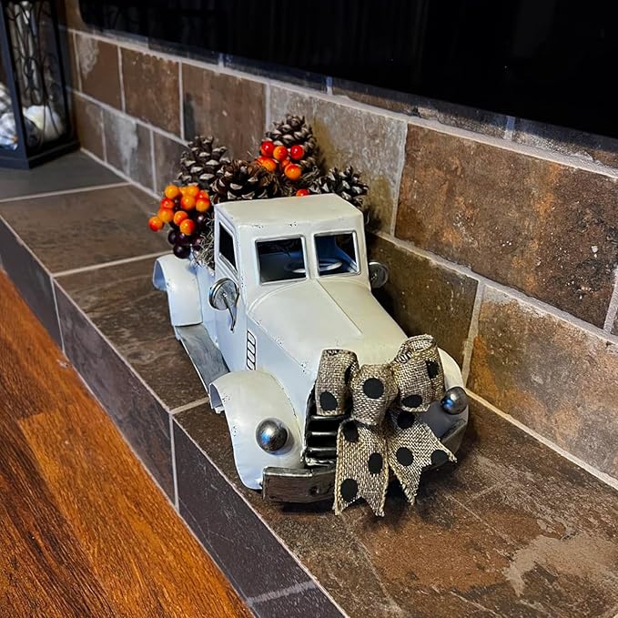 Farmhouse White Truck Decor, Vintage Farm Metal Trucks Decors, Rustic Outdoor Pickup Truck Planter, Indoor Decorative Tabletop Storage, Car Model Gift