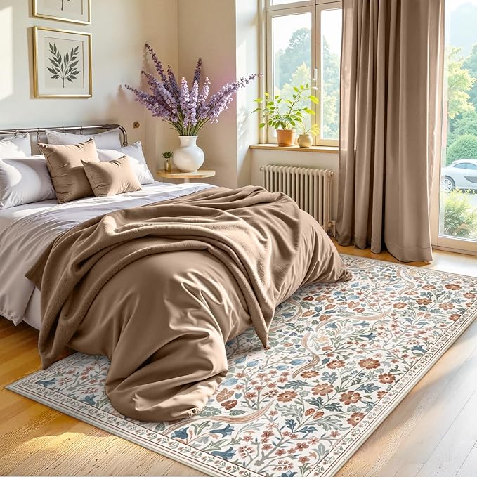 Moynesa Floral 5x7 Area Rugs, Machine Washable Rugs for Bedroom, Non Slip Boho Rugs for Living Room, Large Flower Stain Resistant Floor Carpet for Dining Room Home Office, Beige