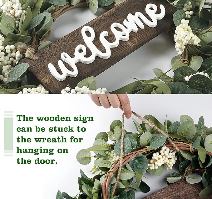 Sggvecsy Green Eucalyptus Wreath with Welcome Sign 20in Artificial Spring Summer White Berries for Front Door Wall Window Festival Farmhouse Porch Patio Garden Decor, White,green