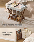 SONGMICS Solid Wood Luggage Racks, Set of 2, No Assembly Required, Foldable Suitcase Stand, Luggage Holder, with Storage Shelf, for Guest Room, Hotel, Bedroom, Coffee Brown URLR021K01