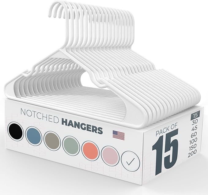 Neaties Plastic Hangers 15 Pack – Made in The USA – 6lb Capacity Standard Clothes Hangers with Notches and Reinforced Edges for Dresses, Lingerie, Shirts, Pants, and Jackets – White