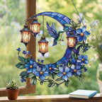 Hummingbird Moon Ornament Acrylic Suncatcher, Stained Glass Style Window Hanging with Lantern and Blue Flowers, 4.5 Inch Decorative Home Decor, Gift for Women, Christmas Ornament(Sun-37)