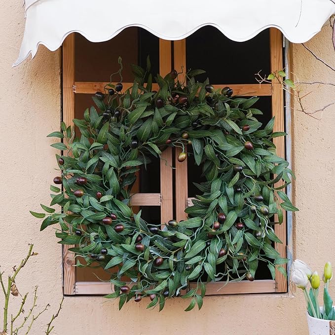 Olive Wreath 26 Inch Wreaths for Front Door with Purely Handmade Realistic Dense Olive Leaf Olive Berry, Elegant Home Decor Wreath Ideal for Front Door, Hallways, Any Area You Want to Brighten