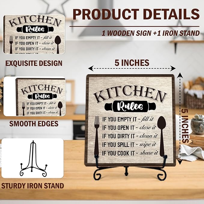 DETIHO Funny Kitchen Sign, Rustic Kitchen Wooden Plaque With Metal Stand, Above Cabinet Decor for Home Restaurant Tabletop Decor Favors & Supplies - G06