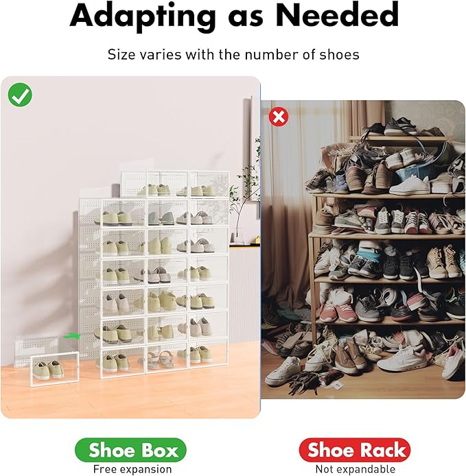 Shoe Storage Box, 15 Pack Clear Plastic Stackable Shoe Organizer for Closet, Interlocking Design Shoe Container Bins for Sneakers, Foldable Shoe Rack with Lids, White