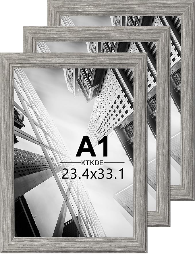 KTKDE A1 Poster Frame Set of 3, 23.4 x 33.1in Picture Frame Wooden Gray -Horizontal or Vertical Wall Hanging for Home, Exhibition, Caffe Large Frame for Photos, Posters - Art Prints best gift