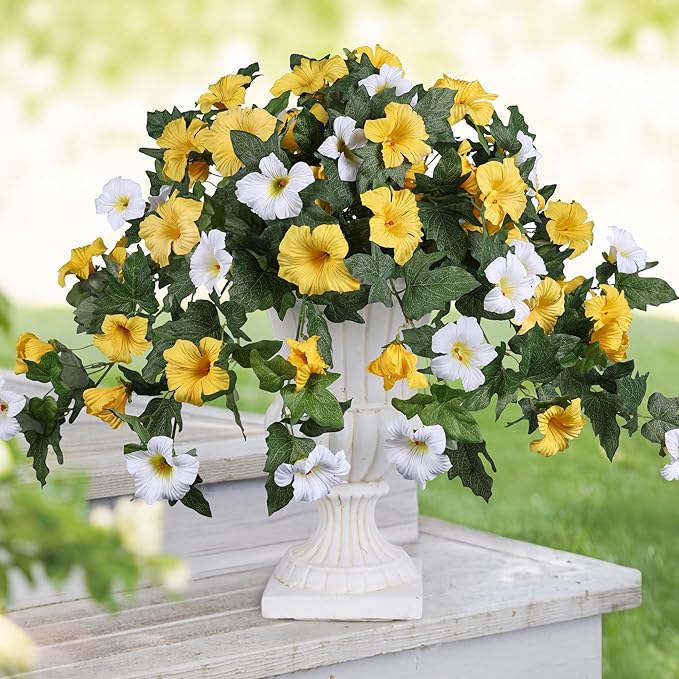 HyeFlora Artificial Flowers for Outdoors 2PCS Spring Faux Morning Glory Look Real Silk Flowers for Outside Planter UV Resistant Fake Flowers for Home Garden Balcony Yard Porch Deco (Yellow)