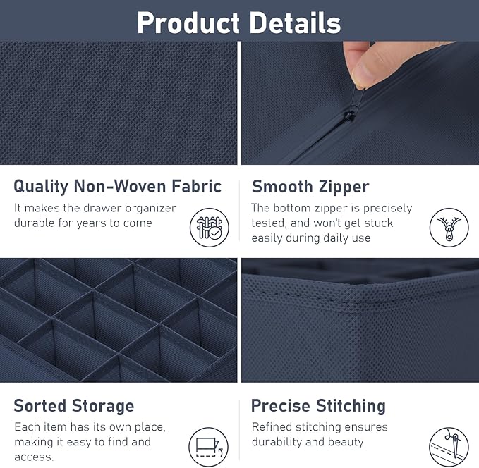 DIMJ Sock Organizer Drawer Organizer - Closet Organization and Storage, Underwear Drawer Organizer for Storing Socks, Handkerchiefs, Ties, Belts, Navy Blue