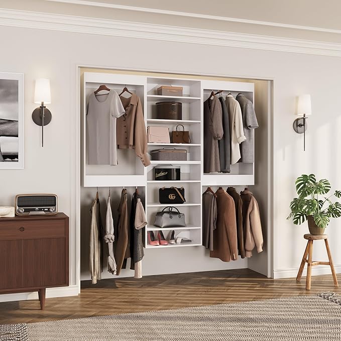 ROOMTEC Modular Closet System, 90" Wall-Mounted Closet Organizer with Hanging Rods and Shelves, Wooden Tower for Walk-In Closets, Wardrobe Storage Kit, White