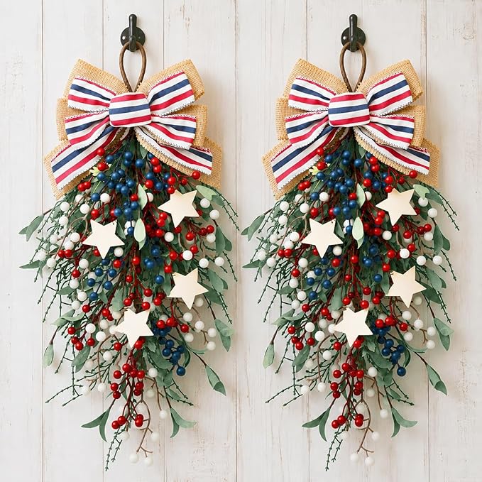 nuvagiki Patriotic Teardrop Swag Set of 2, Red White Blue Berry Front Door Decor, 4th of July Memorial Day Door Hanging Wreath, Rustic Farmhouse Independence Day Porch Decorations