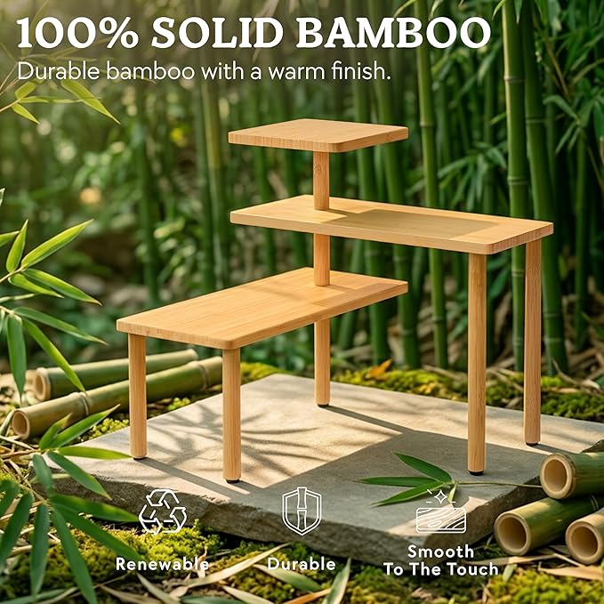 HOMESTEAD 3-Tier Bamboo Corner Shelf Organizer, 90° or 180° Layout Countertop Organizer for Kitchen, Bathroom, Coffee Bar, Spice Rack, Space Saving Storage Shelves, Adjustable Leveling Feet
