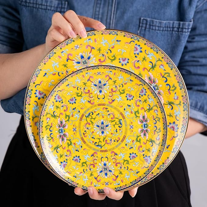 Decorative Plates Set for Display, Yellow Ceramic Plate Decor with Stand, Handmade Vintage Porcelain Ornament for Table, Living Room, Kitchen, Office, Perfect Chinese Style Dish Gift (8in+10in)