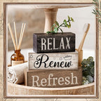 Lineshading 4 Pcs Bathroom Shelf Decor Sign Farmhouse Bathroom Decor and Accessories Rustic Eucalyptus Leave Wood Block Sign Gift Relax Renew Refresh Farmhouse Table Centerpiece for Home Office Toilet
