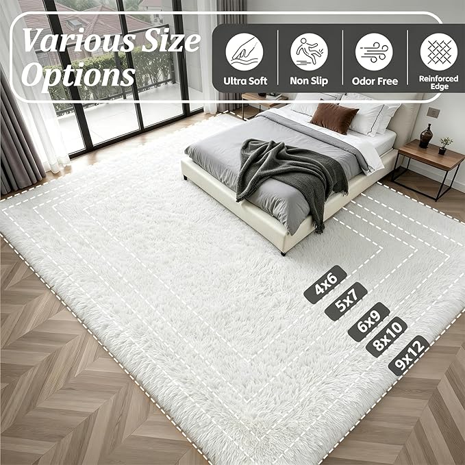 Fluffy 5x7 Area Rugs for Living Room Bedroom: Ultra Soft Shag Rug Non-Slip Non-Shedding Small Plush Bedside Rug Indoor Floor Carpets for Kids Room Playroom Entryway Nursery Dorms Home Decor Ivory