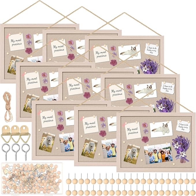 Teling 9 Pack Wood Bulletin Boards with Linen 12''x 16'' Cork Board for Walls with 90 Pushpin Decorative Wood Framed Display for School Office Home Decor (Brown)