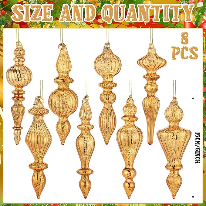 Mifoci 8 Pcs 6 Inch Mercury Glass Finial Christmas Ornaments Hanging Christmas Finials Glass Ornaments Assorted Mercury Decor for Vintage Holiday Xmas Tree Decoration(Champagne)