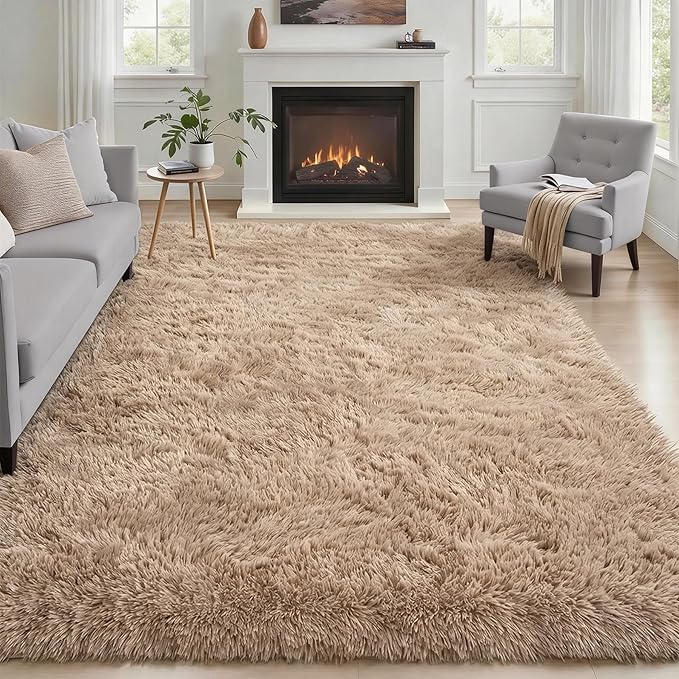 Fluffy 5x7 Area Rugs for Living Room Bedroom: Ultra Soft Shag Rug Non-Slip Non-Shedding Small Plush Bedside Rug Indoor Floor Carpets for Kids Room Playroom Entryway Nursery Dorms Home Decor Beige