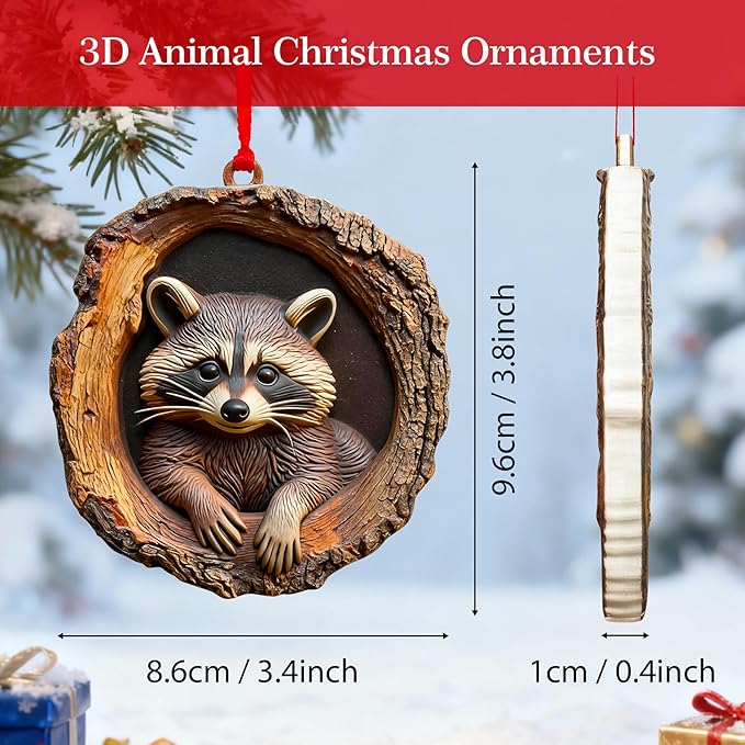 Forest Animal Christmas Ornaments, Funny Forest Animal Ornaments for Christmas Tree,3D Resin Ornaments Hanging for Animal Lover&Easter Basket Stuffers(Raccoon)