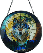 Stained Glass Window Hanging, Stained Glass Suncatcher, Sun Catcher, Window Hanging Decor, Gifts for Fathers Day or Mathers Day, Christmas or Birthday Gift, Gifts for Friend (Wolf W/Moon)