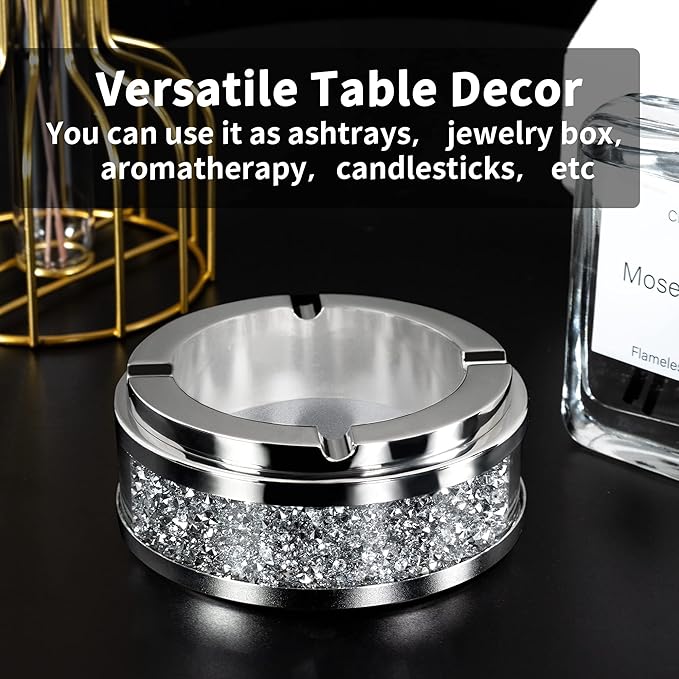 Ashtray, Cool Ashtrays for Cigarettes Outdoor, Cute Glass Ash Tray for Office Tabletop, Crushed Diamond Home Decor, Bling Crystal Decorative Ashtray for Smokers Indoor Use, 4"L x 4"W x 1.57"H, Silver