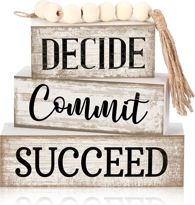 4 Pcs Inspirational Farmhouse Table Decor Rustic Motivational Wooden Stacked Block Decor,Decide Commit Succee Sign with Wood Bead Tassel, Inspirational Tiered Tray Decoration for Home