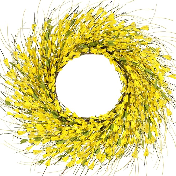 GTIDEA 26 Inch Spring Wreaths for Front Door Large Spring Door Wreath Wild Floral Summer Forsythia Flower Wreaths Outside All Season for Farmhouse Porch Wedding Living Room Home Easter Decor (Yellow)