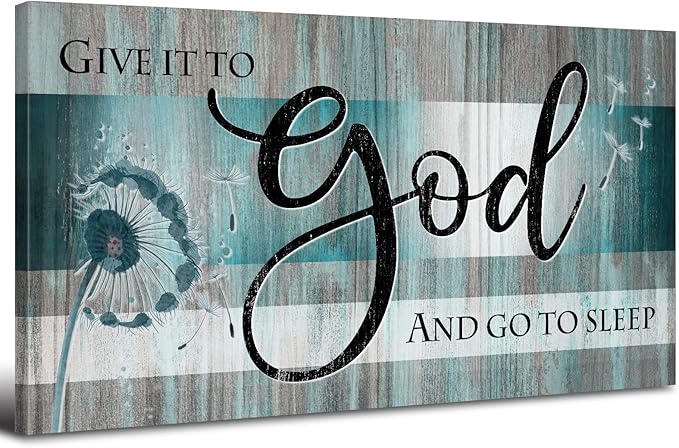 Christian Wall Decor Bible Verse Wall Art Give It to God and Go to Sleep Bedroom Pictures Faith Quote Canvas Painting Teal Religious Scripture Poster Dandelion Artwork Living Room Decorations 20x40"