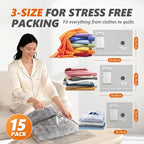 Travel Vacuum Bags with Wireless Pump, 15 Pack Vacuum Storage Bags with Powerful -70KPa Suction, for Maximum Compression in Luggage, Travel and Home Use for Clothes and Blankets.