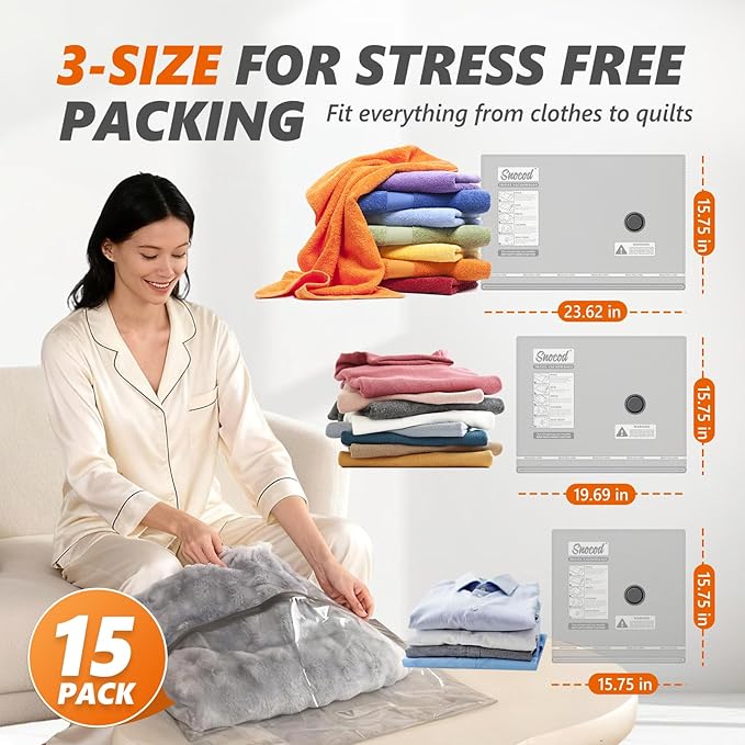Travel Vacuum Bags with Wireless Pump, 15 Pack Vacuum Storage Bags with Powerful -70KPa Suction, for Maximum Compression in Luggage, Travel and Home Use for Clothes and Blankets.