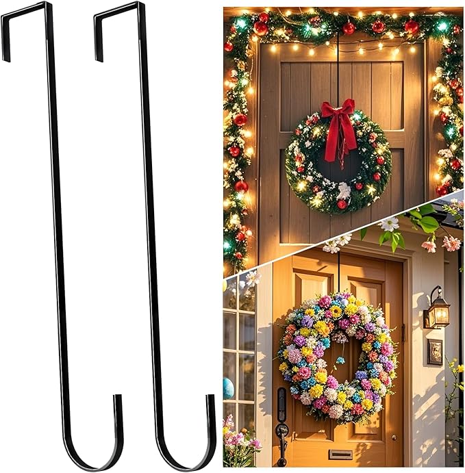 15" Wreath Hangers for Front Door,2 Pack Wreath Door Hanger,Non Scratch Over The Door Hooks Halloween Christmas Easter Decorations Welcome Sign for Front Door Décor, Slim Hangers