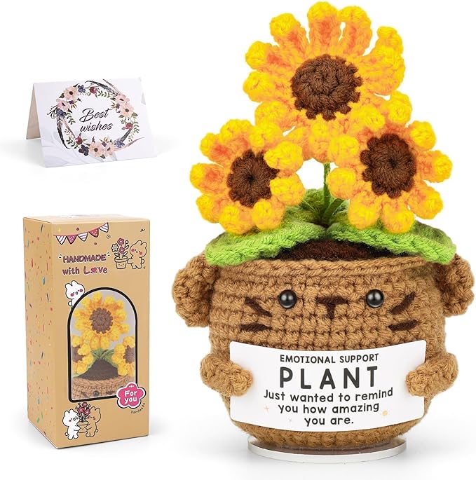 Positive Sunflower Doll Crochet with Card, Inspirational Gifts for Mother's Day Coworker Teachers Women Men Friend Daughter, Emotional Support Crochet Appreciation Gifts for Mom Birthday