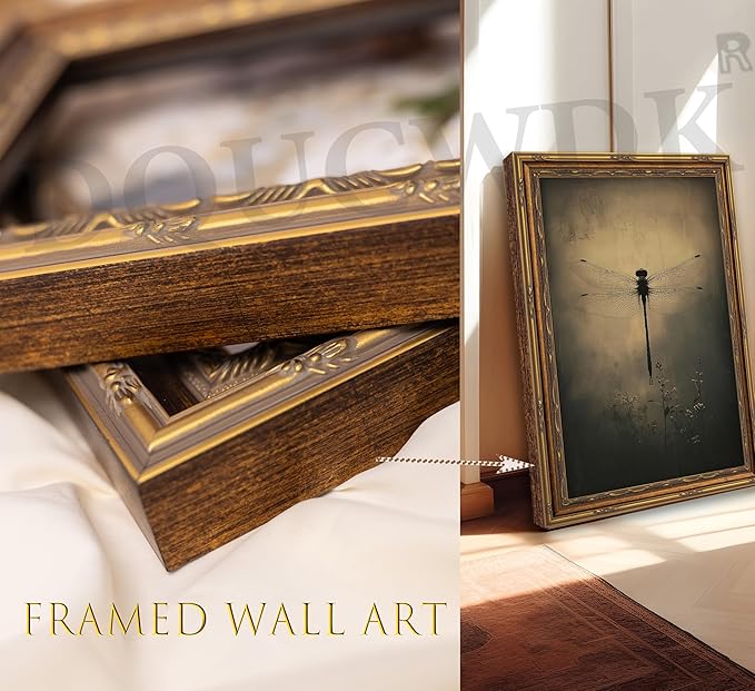 Vintage Gold Framed Wall Art Retro Dark Dragonfly Painting Canvas Prints Gothic Insect Picture Wall Decor Rustic Farmhouse Animal Poster Artwork for Living Room Bedroom Bathroom, 12x16in