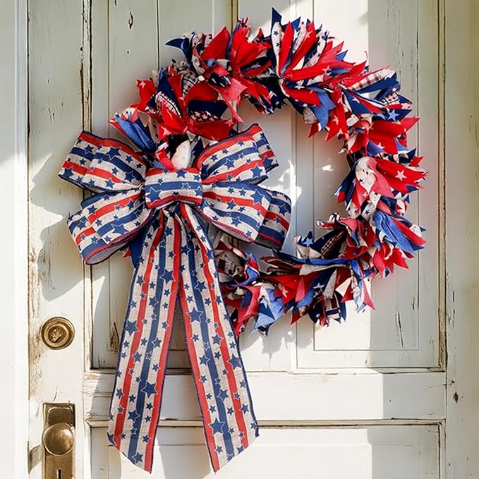 Retrowavy 16 Inch Patriotic Wreath with Bow, 4th of July Wreaths for Front Door Red White and Blue Wreath for 250th Anniversary Memorial Day Independence Day Porch Farmhouse Holiday Decor Vintage