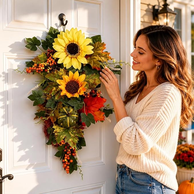 Blossoms Pumpkin Swag Artificial Autumn Door Swag Tree-Shaped Entryway Decor