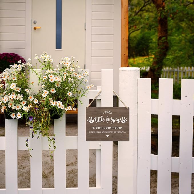 Wall Pediments Shoes Off Sign,Shoes Off Sign for Front Door,Since Little Fingers Touch Our Floor Door Sign,Shoes Off Hanging Welcome Sign for Front Door,6x12 Inches，Wood Grain-5