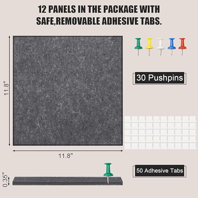Large Cork Board Alternative 48" X 36" Bulletin Board - 12 Pack Removable Felt Wall Tiles with 30 pushpins, Large Cork Boards for Walls Cork Board for Office Pin Board Tack Board - Dark Gray