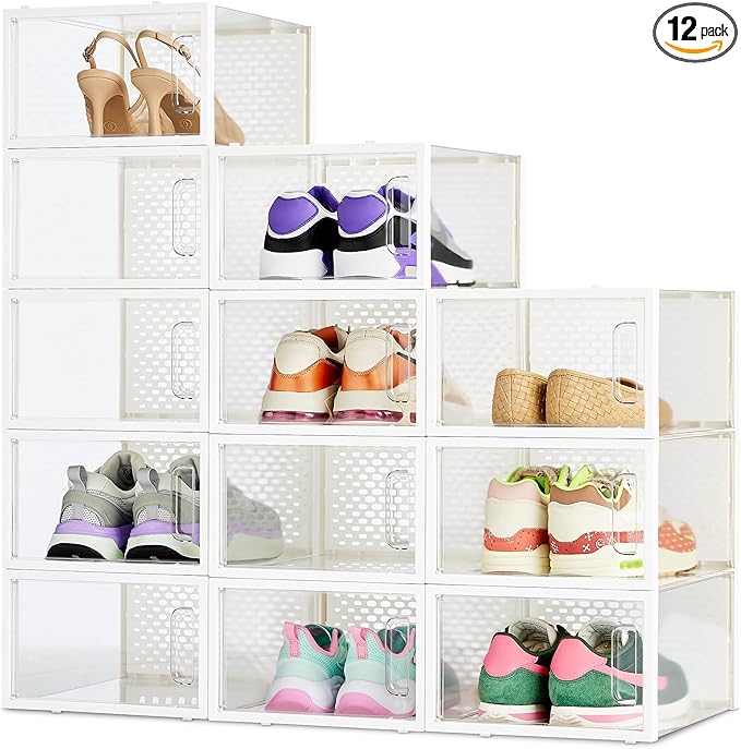 Amazon Basics Stackable and Foldable Clear Shoe Storage Organizer Box, Medium, 12-Pack