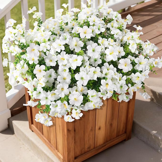 INQCMY Artificial Fake Plants Flowers for Outdoor Spring Decoration,12 Bundles Faux Silk Morning Glory Flowers for Outside UV Resistant Realistic Fake Plants for Planter Porch Patio Balcony Yard Decor