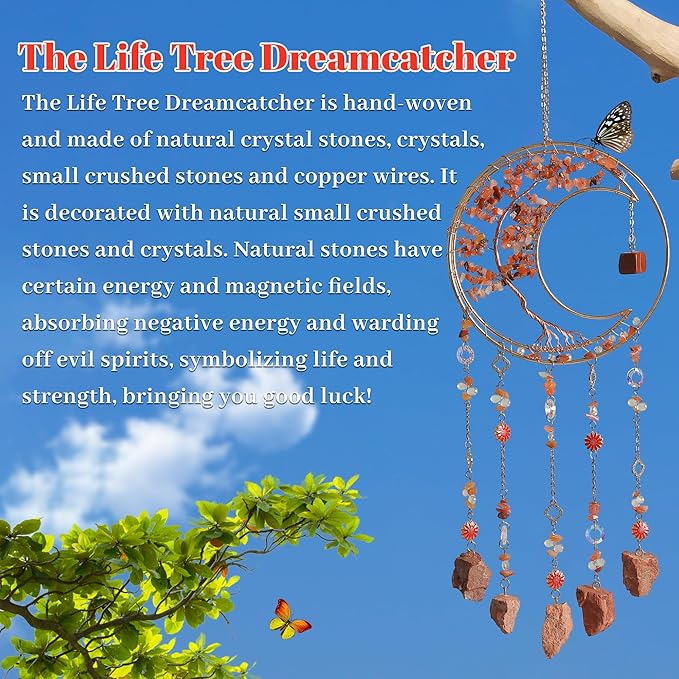 Dream Catchers Tree of Life Dream Catcher Amber Brown Dreamcatcher Wall Decor with Healing Crystal Stone & Fluorite Wall Art Hanging for Bedroom Home Decor Bless Gift Wedding Garden-Brown