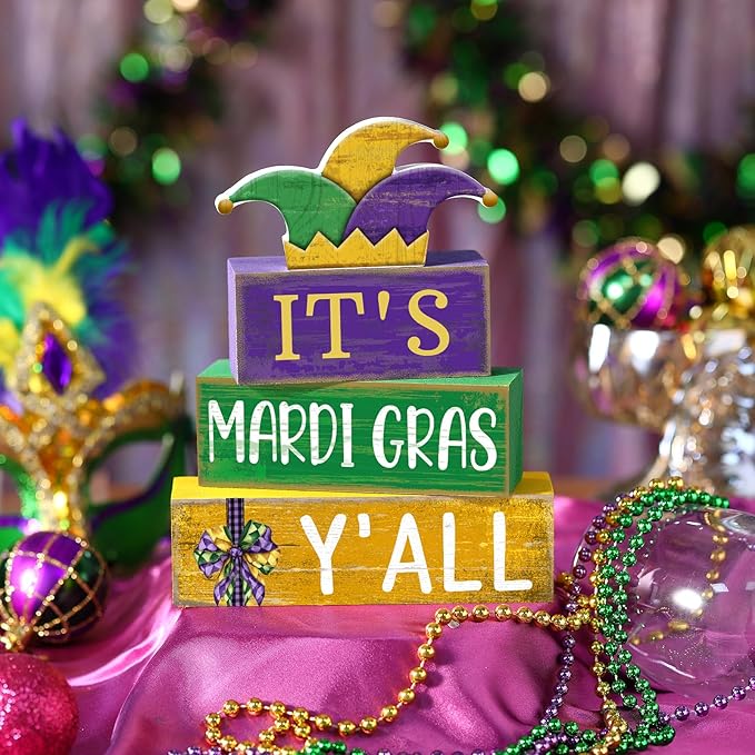 Lineshading 4 Pcs Mardi Gras Table Decorations Wooden Jester Hat Purple Golden Green Carnival Tiered Tray Decor Mardi Gras Centerpieces Decorative Hat Block Signs for Home Masquerade Party Kitchen