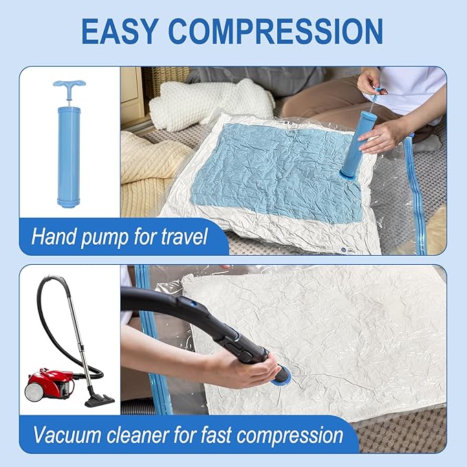 Vacuum Storage Bags with Hand Pump, Plastic Packaging Bags, 80% Space Saver Vacuum Seal Bags for Clothing, Travel Lugggage, Blankets, Comforters, 16 Combo
