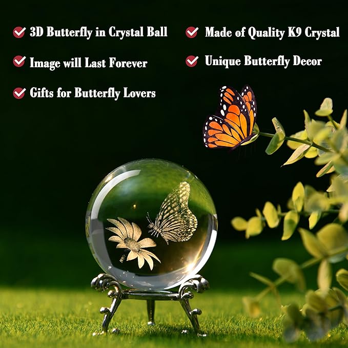IFOLAINA 3D Butterfly Crystal Ball 60mm Gifts Ideas for Girlfriend Wife Mom Couple Her Butterfly on Sunflower in Glass Ball with Stand Flower Sphere Novelty Home Decor