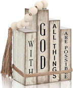 Lineshading 4 Pcs Christian Table Decor Wooden Book Stack Decor with God All Things are Possible Farmhouse Centerpiece with Beaded Garland Tassel Christian Home Decorations for Office, Shelf, Gift