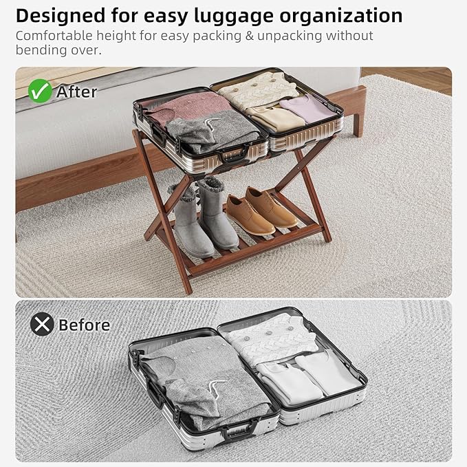 2 Pack Bamboo Luggage Rack for Guest Room, 26.77" Folding Wide Suitcase Stand with Storage Shelf, Thickened Luggage Stand Holder for Bedroom Hotel, Luggage Rack for Suitcases (Brown)