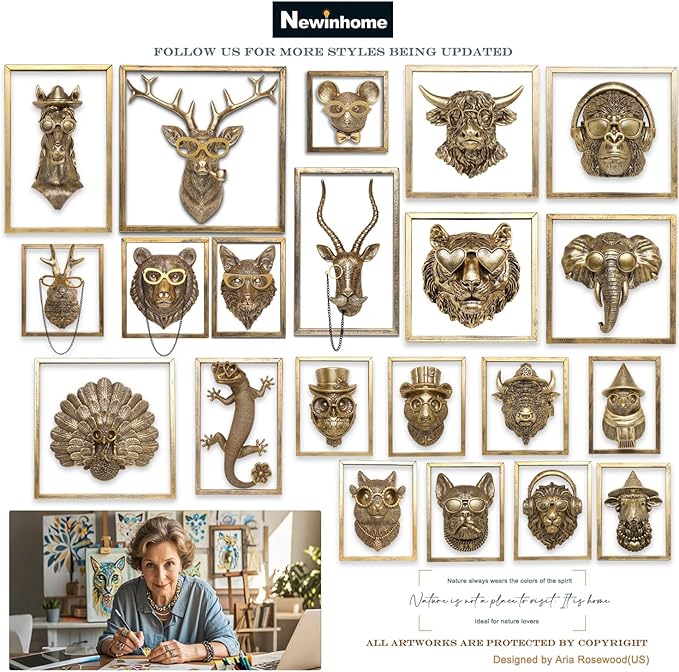 Newinhome Animal Heads Wall Decor (Includes Metal Frame) Halloween Resin Animals Sculptures Head Wall Hanging Decoration Gold vintage Wall Sculpture for Living Room Bedroom Office(Owl)
