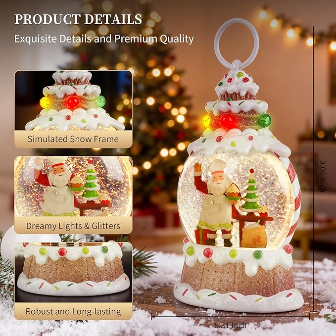 Santa Christmas Snow Globe， Musical Snow Globe，LED Lights and Swirling Glitter, Santa Chef Baking Theme Christmas Decorations Indoor, Gift for Adults and Kids