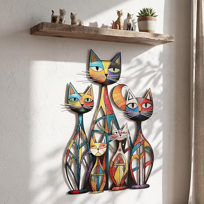 Wesiti Cat Wall Art Decor Iron Wall Sculptures Decor for Cats Lover 10.6 x 15.7 Inches Colorful Retro Mid Century Cat Signs for Home Living Room Bedroom Kitchen Office(Novel)