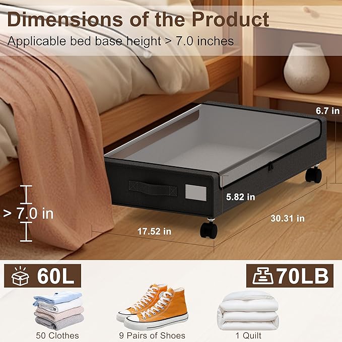 Under Bed Storage with Wheels - 2Pack 60L Underbed Storage Containers with Clear Lid & Label, Rolling Under Bed Storage Bins for Clothes, Shoes, Blankets (XL,Black)