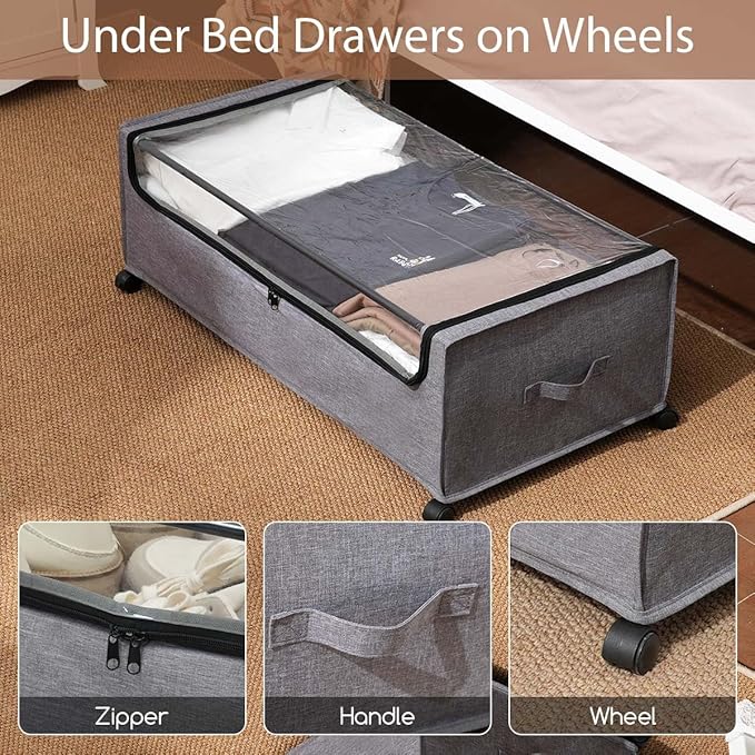Under Bed Storage with Wheels, Rolling Under bed Storage with Metal Frame, Under Bed Shoe Storage for Space Saving, Zippered Clear Lid, Heavy-Duty Steel Base for Clothes,4XL 90L